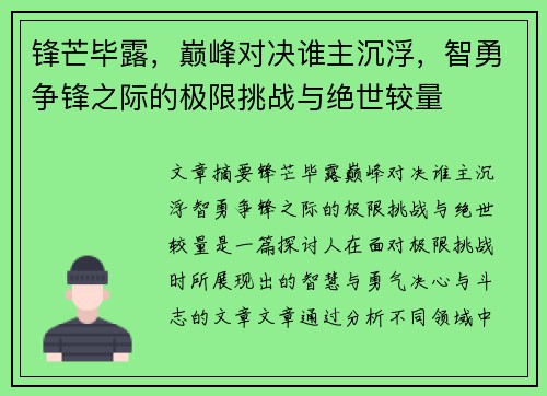 锋芒毕露，巅峰对决谁主沉浮，智勇争锋之际的极限挑战与绝世较量