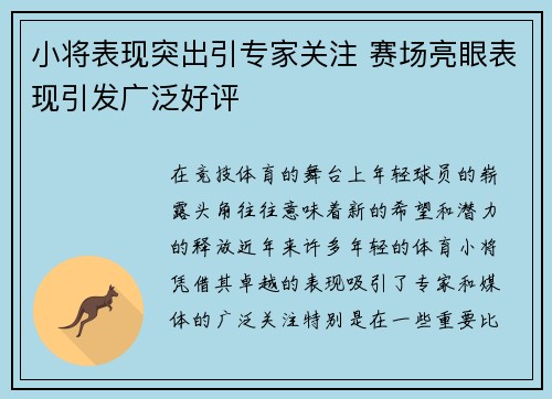 小将表现突出引专家关注 赛场亮眼表现引发广泛好评