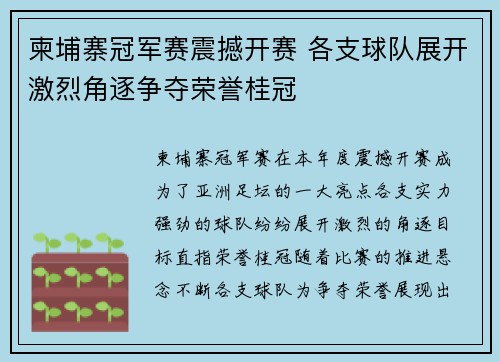 柬埔寨冠军赛震撼开赛 各支球队展开激烈角逐争夺荣誉桂冠