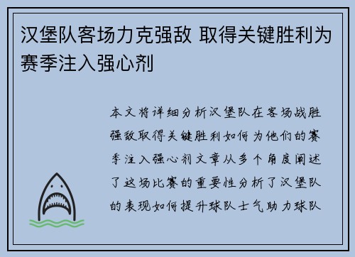汉堡队客场力克强敌 取得关键胜利为赛季注入强心剂
