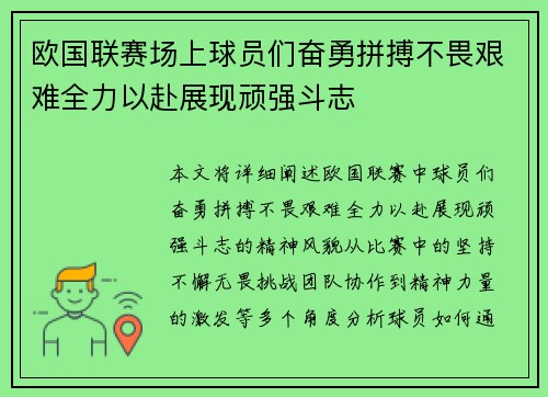 欧国联赛场上球员们奋勇拼搏不畏艰难全力以赴展现顽强斗志