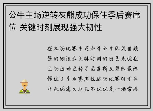 公牛主场逆转灰熊成功保住季后赛席位 关键时刻展现强大韧性