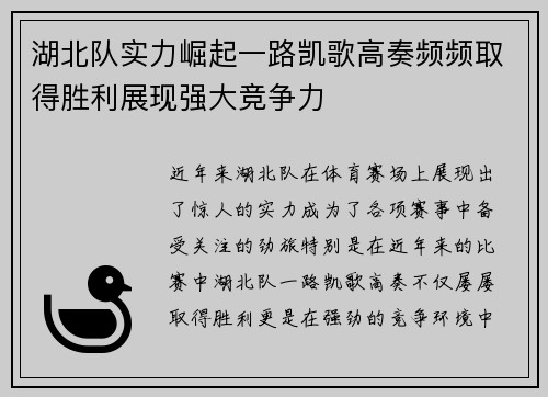 湖北队实力崛起一路凯歌高奏频频取得胜利展现强大竞争力