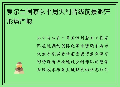 爱尔兰国家队平局失利晋级前景渺茫形势严峻