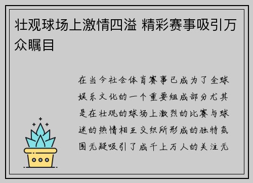壮观球场上激情四溢 精彩赛事吸引万众瞩目