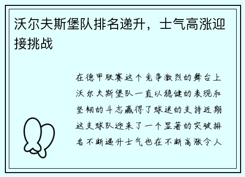沃尔夫斯堡队排名递升，士气高涨迎接挑战