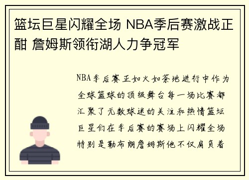 篮坛巨星闪耀全场 NBA季后赛激战正酣 詹姆斯领衔湖人力争冠军