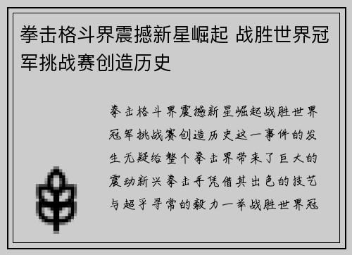 拳击格斗界震撼新星崛起 战胜世界冠军挑战赛创造历史